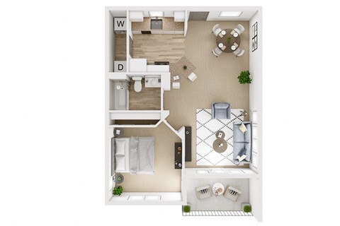 Floor plan for 1 bed, 1 bath, 747 sqft
